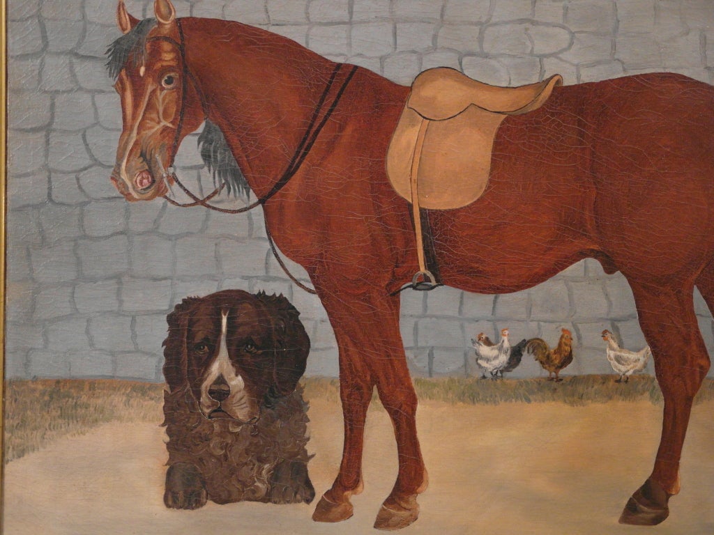 Great subject matter, horse, dog and chickens and a stone wall in this folk art painting, interesting scale changes,walnut frame with gilt liner, canvas size = 32x25.5 inches