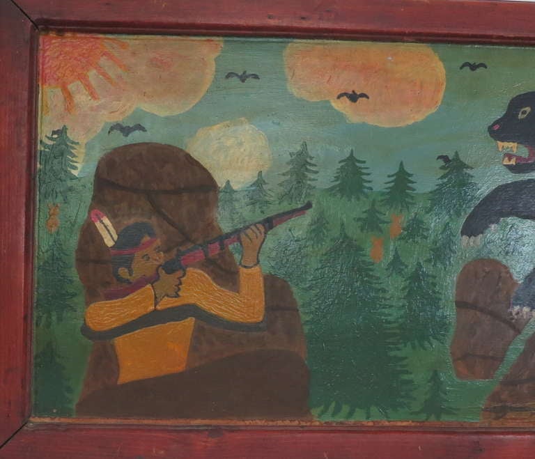Folky Painting of bear confronting a hunter, enamel on wood, signed on verso, Walter J. Hixson