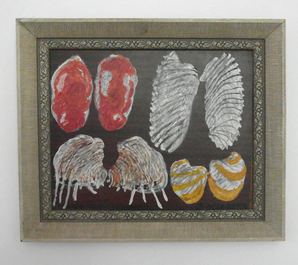 Unusual painting by the great outsider/untrained artist Justin McCarthy.
Provenance: Sterling Strausser. Wonderful shell study image painted directly on faux board.