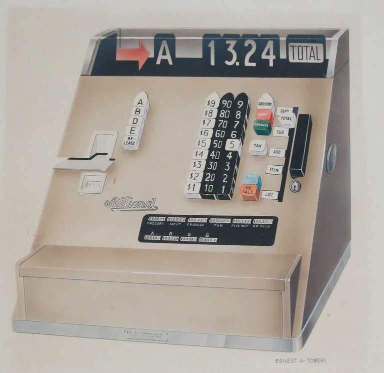 Industrial Design illustration of a cash register by Ernest A. Towers a Wilmington DE architect and Industrial designer.