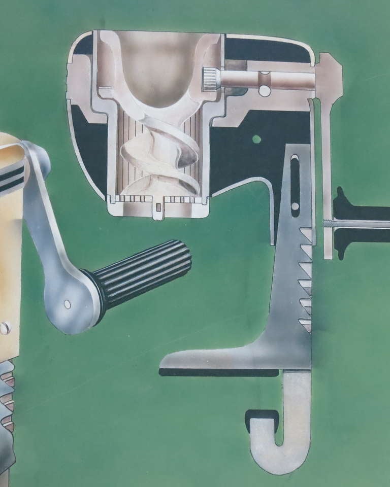 Beautiful Mid-Century product design illustration of a meat grinder.
Air brushed water based paint on paper by Ernest Towers, Wilmington, Delaware.