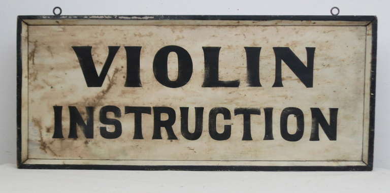 Nice, graphic, black & White Violin Instruction sign with beveled black framing, stenciled lettering