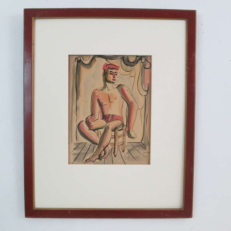 Watercolor on paper of seated man with drapery. By the important Fort Worth Texas school artist Bror Uttter. Image size is 8.5