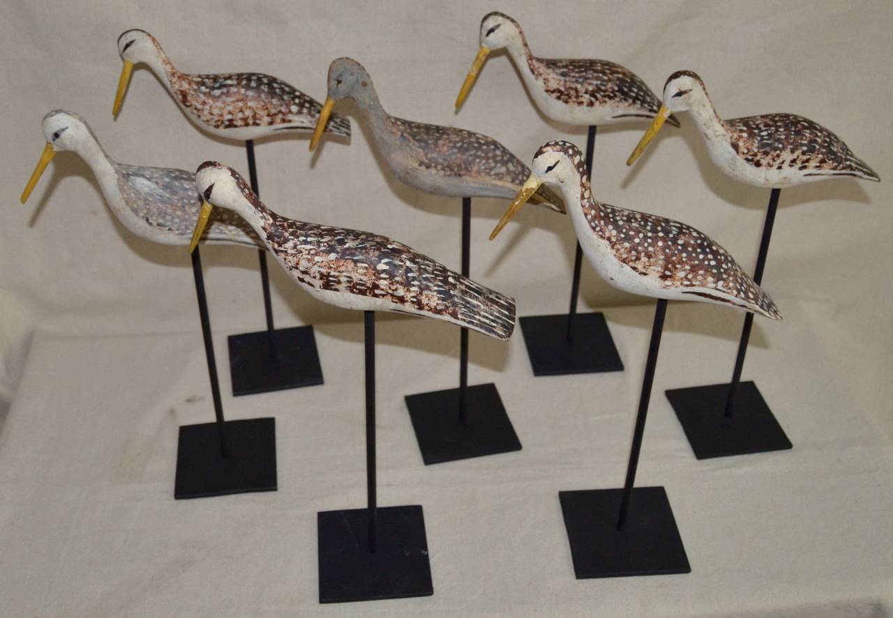 Seven carved Yellowleg decoys, with unusual yellow beaks. New Jersey origin, early 20th century. nicely painted plumage, painted eyes, some show minor paint loss. unusual large grouping, shown on 12