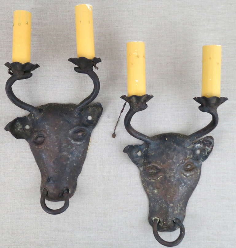 Hand made wrought iron sconces with a wonderful graphic punch.  Entirely hand wrought pair of sconces with an artful primitive bull head with organically formed candle holders emerging from the head. Heavy nose ring adds to the strength of the
