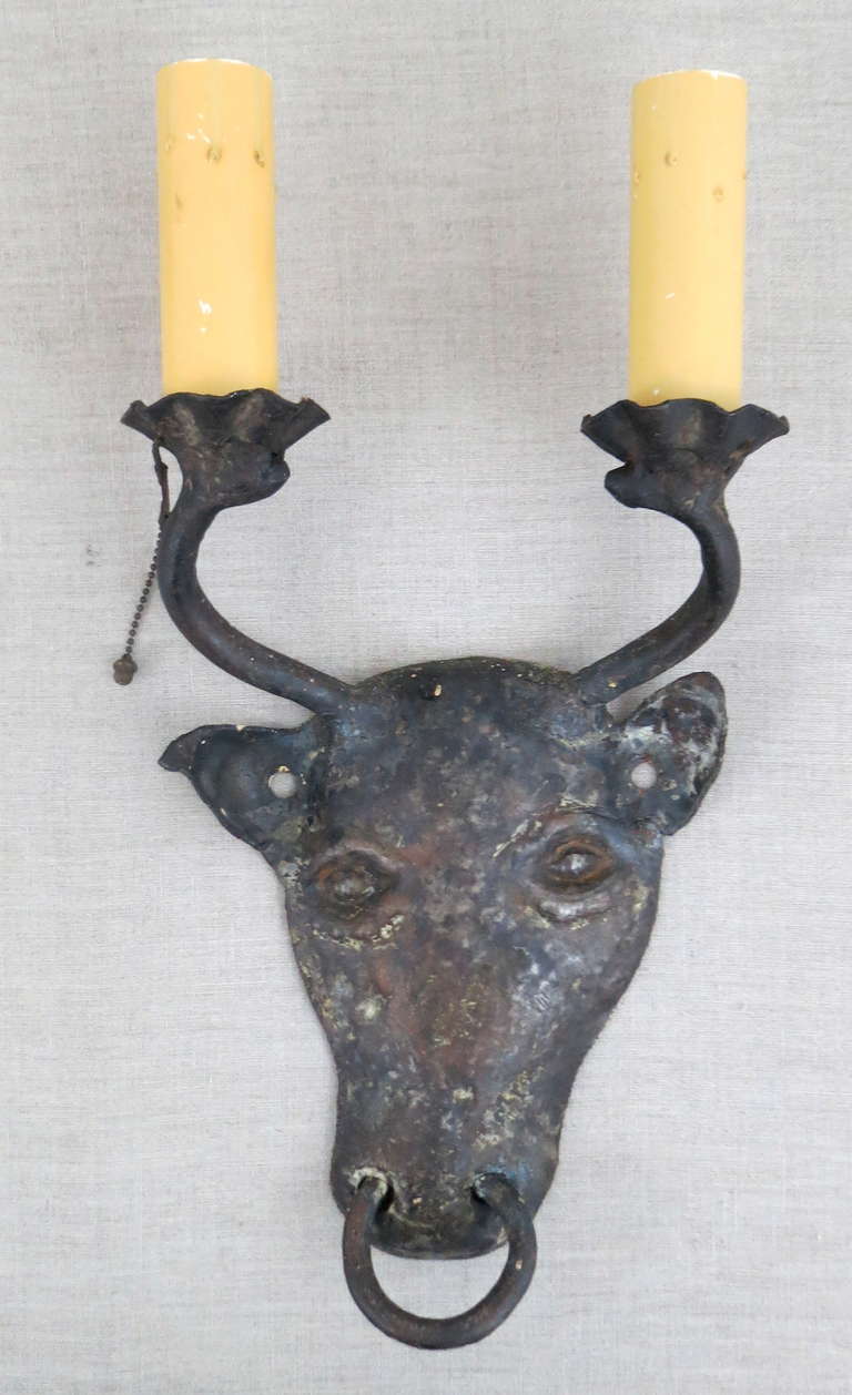 Wrought Iron Bull Head Sconces In Good Condition In North Egremont, MA