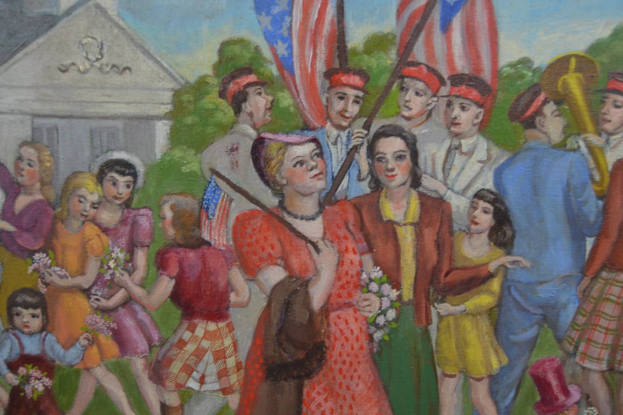 Fantastic patriotic parade painted by the American painter Dorothy Eaton (1893-1968), oil on canvas signed lower right, dated lower left on a canvas sized 25x30. Eaton studied at the Arts Student League and is best known for her paintings of rural