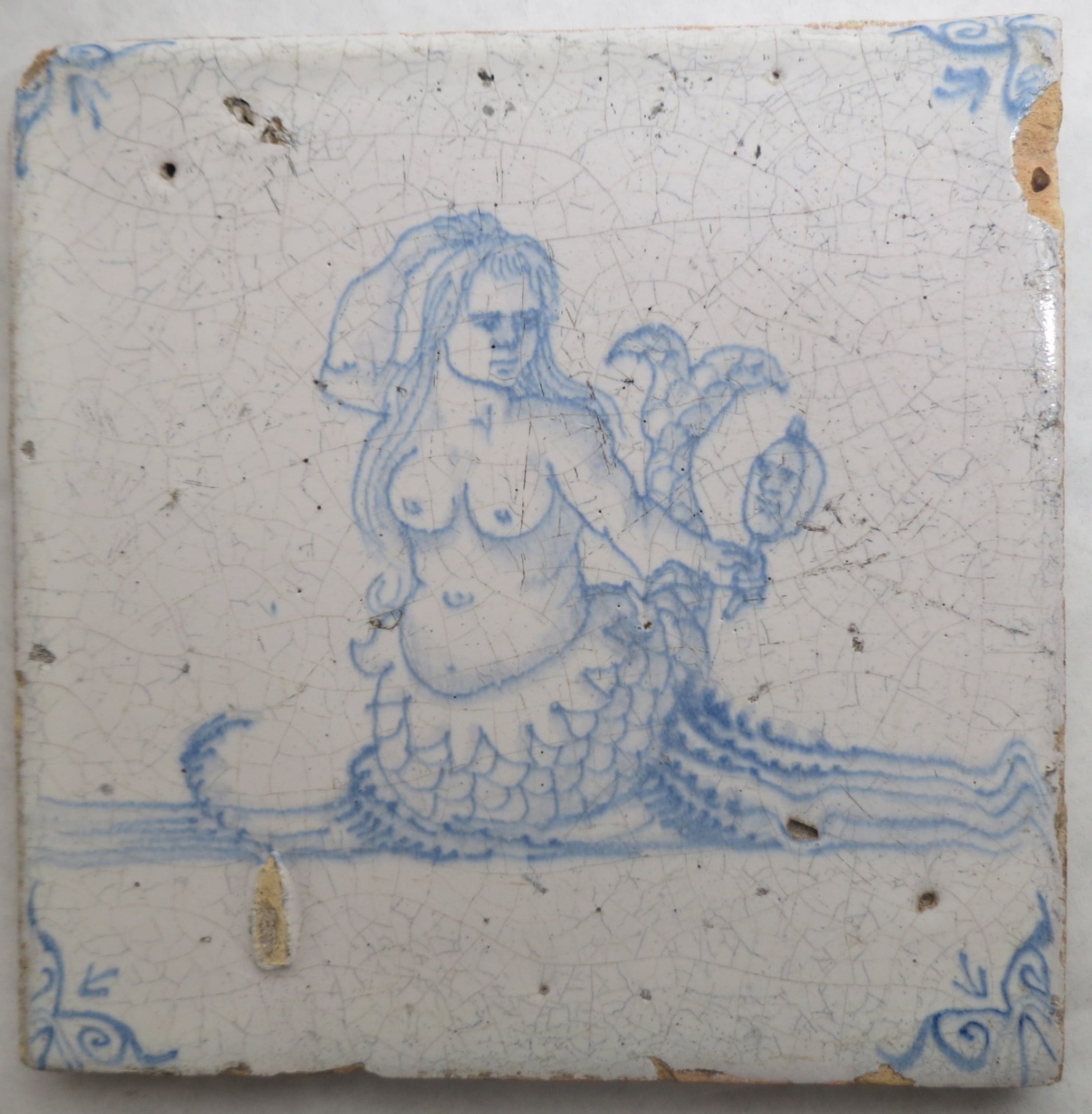 17th C. Delft Mermaid Tile