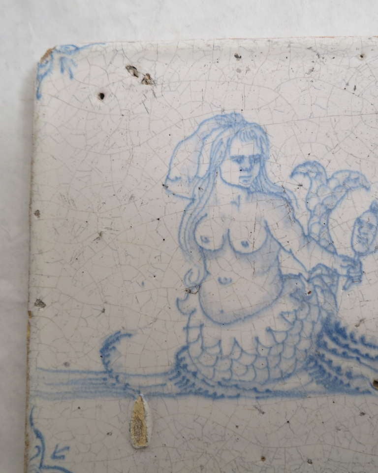 18th Century and Earlier 17th C. Delft Mermaid Tile