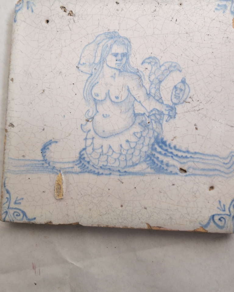 Ceramic 17th C. Delft Mermaid Tile