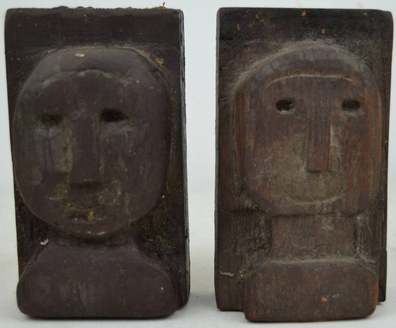 Pair of Folky Relief Carved Heads For Sale 2