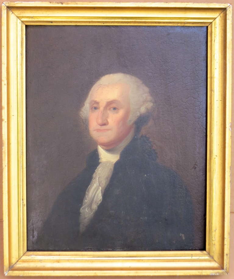Small 19thc oil on mahogany panel of Washington after the Gilbert Stuart Athenaeum portrait.  This well done copy of the iconic Stuart portrait likely dates to the first quarter of the 19th century.  Untouched and unrestored the panel has great