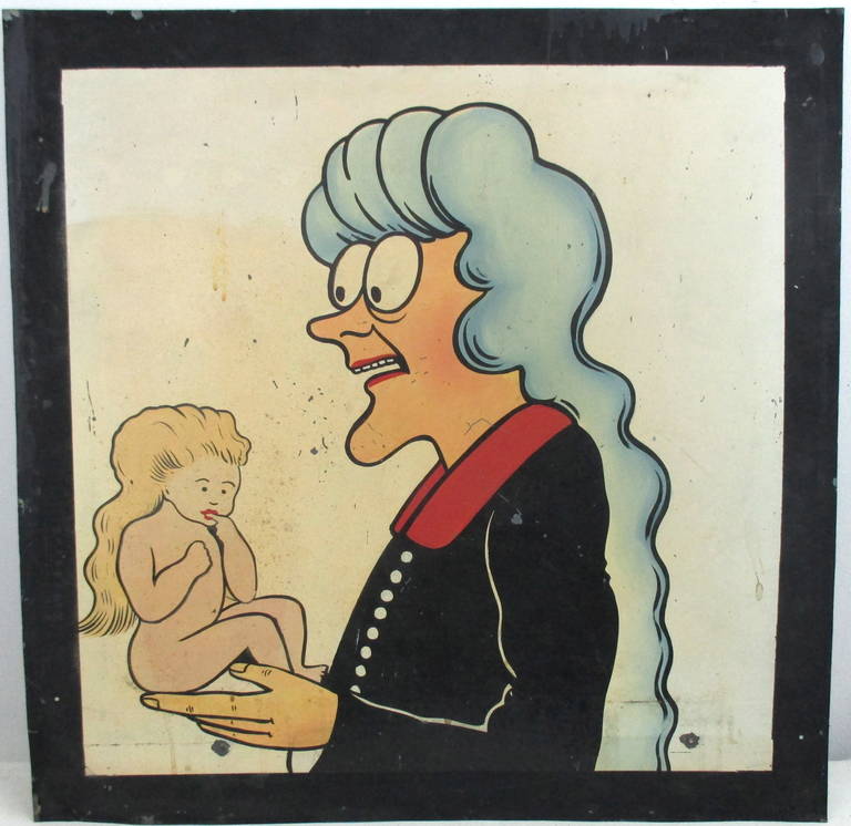 A hand-painted sign on heavy tin depicting the Dick Tracy characters Gravel Gertie and her daughter, Sparkle Plenty. This painting dates to 1947 and was done at the time of the 