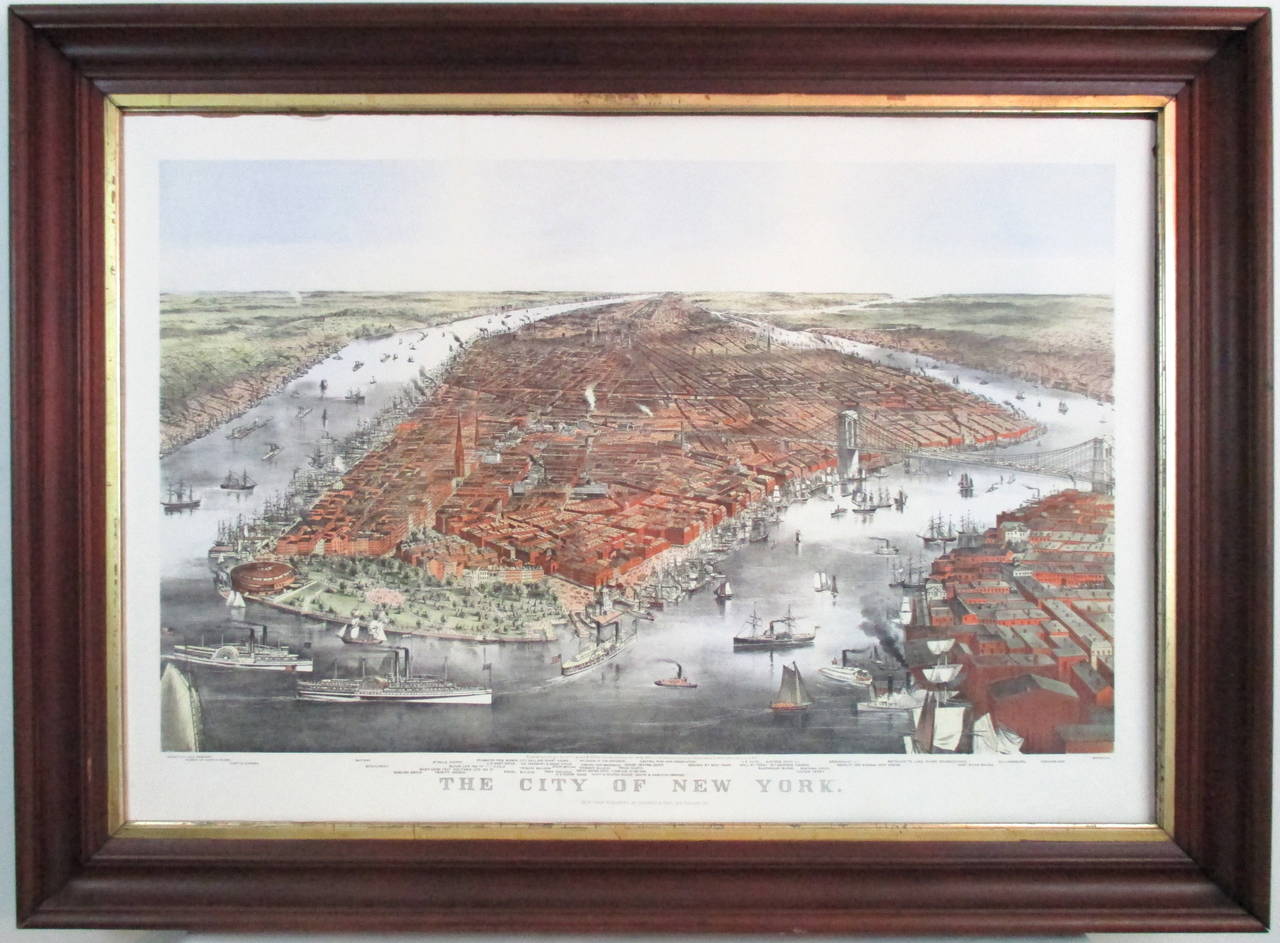 Wonderful extra-large folio lithograph in color showing a birds-eye view of New York in 1870. This 1870 edition shows the Brooklyn Bridge even though it wasn't completed until 1883. The keys identify 40 locations and also name the steamships. In the