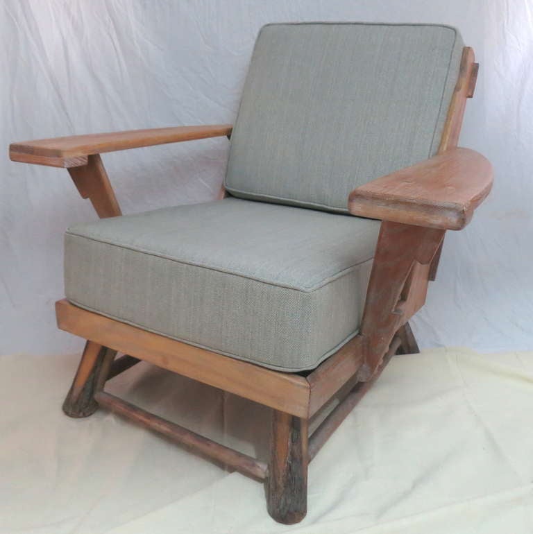A pair of limed oak old hickory club chairs, new box cushions and upholstery.
Stamped Old Hickory, Martinsdale, Indiana. This is a very unusual finish only used for a few years in the 1930's