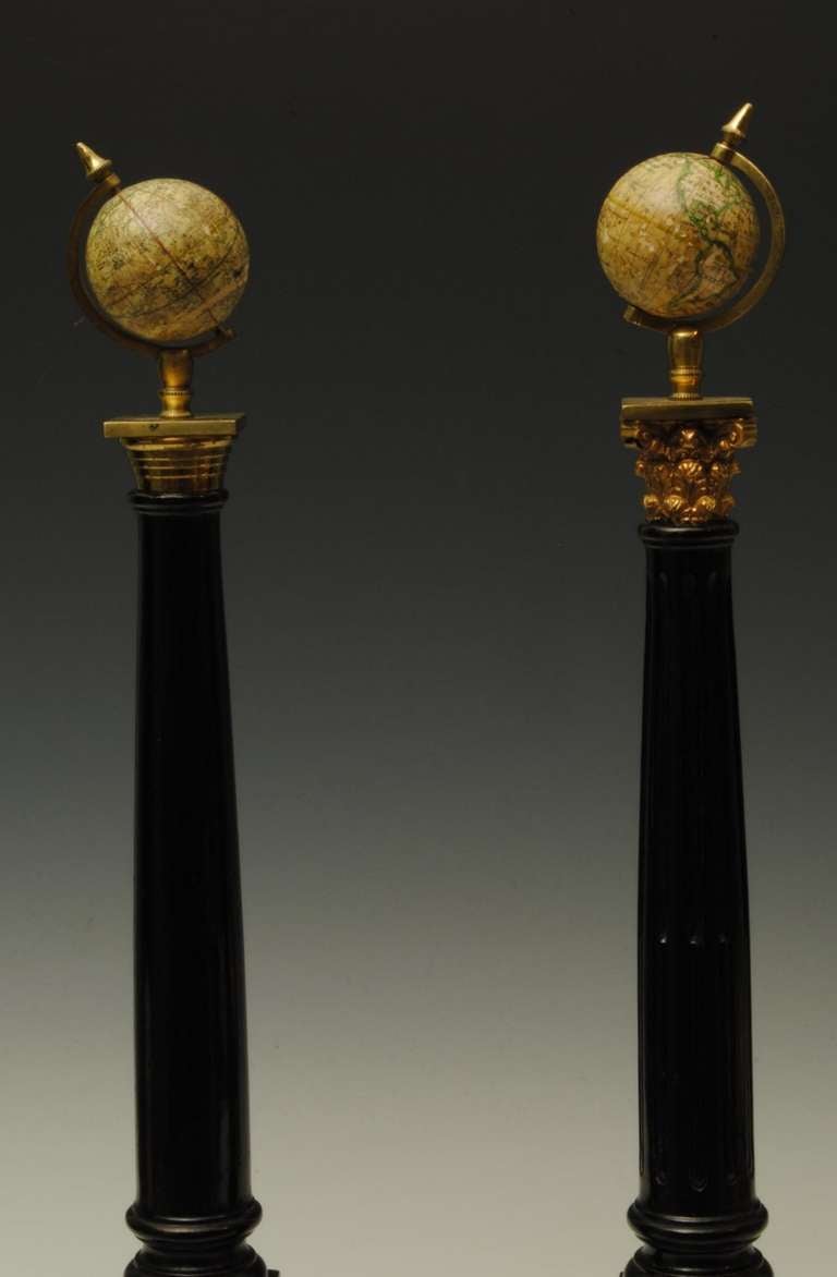 English Pair Of Globes Mounted On Columns