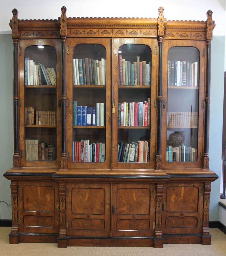 A 19th century pollard oak breakfront bookcase. Possibly by Lamb of Manchester.  Circa 1890.