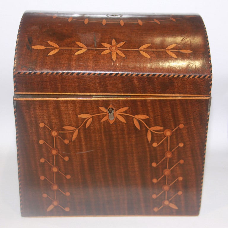 A Superb Late 18th Century Dome Top Mahogany, Satinwood, Inlaid Tea Caddy with remnants of the original zinc lining. Having its original key. 