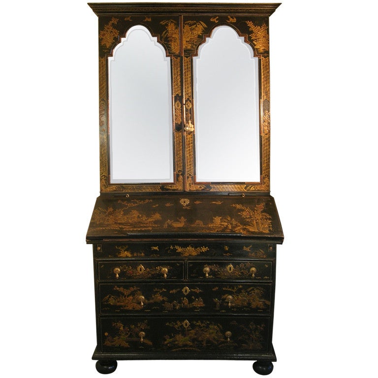 William and Mary Black Japanned Bureau Bookcase For Sale