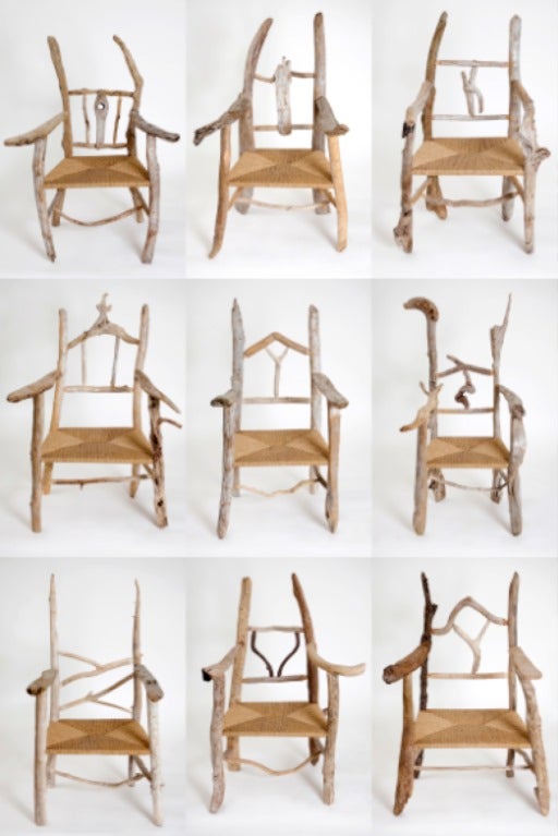 Comprising a long table and twelve armchairs handmade from driftwood collected by the artist from Belize, Vancouver, Tanzania, and Malaysia; each chair is of unique design loosely based on mid- 18th century “Chippendale” examples and is finely
