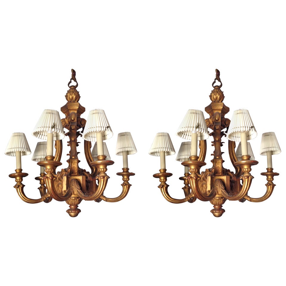 Pair of Regence Style Giltwood Six-Light Chandeliers For Sale