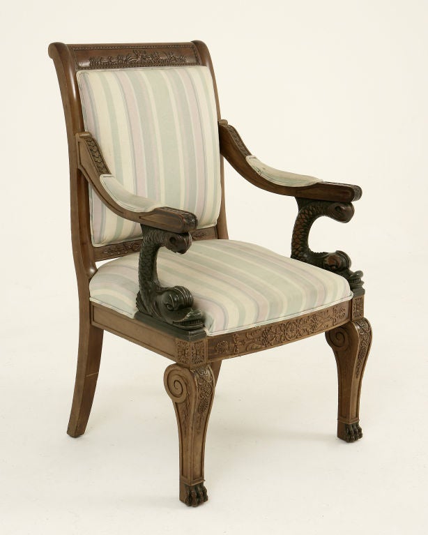 French Carved Mahogany and Bronzed Armchair