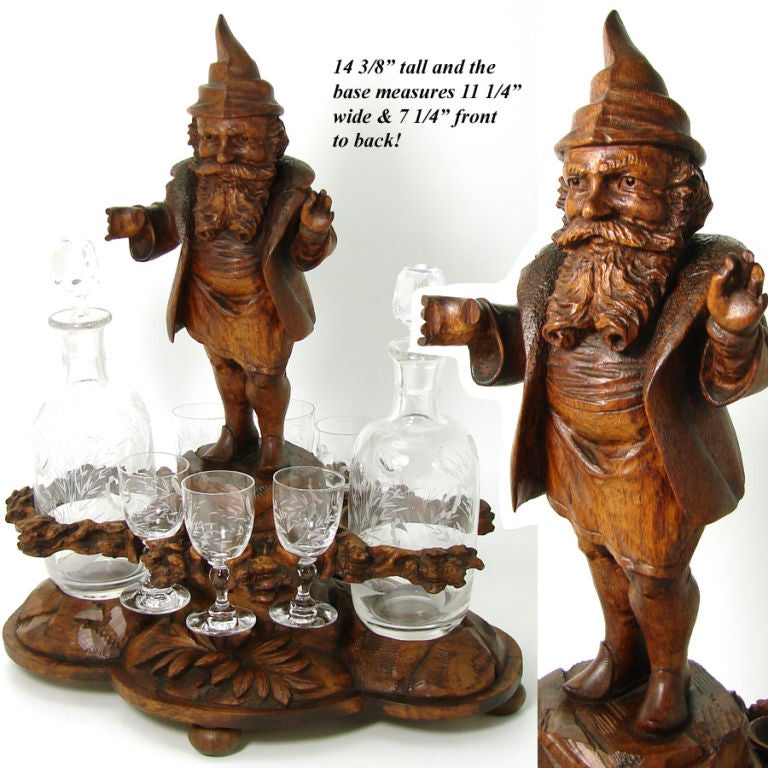 19th Century Antique Black Forest Carved Liquor Caddy with GNOME, 14.5