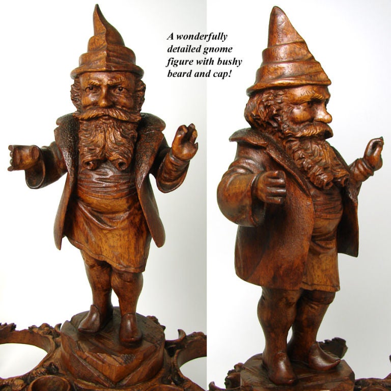 Wood Antique Black Forest Carved Liquor Caddy with GNOME, 14.5
