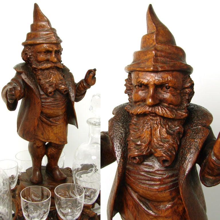 Antique Black Forest Carved Liquor Caddy with GNOME, 14.5