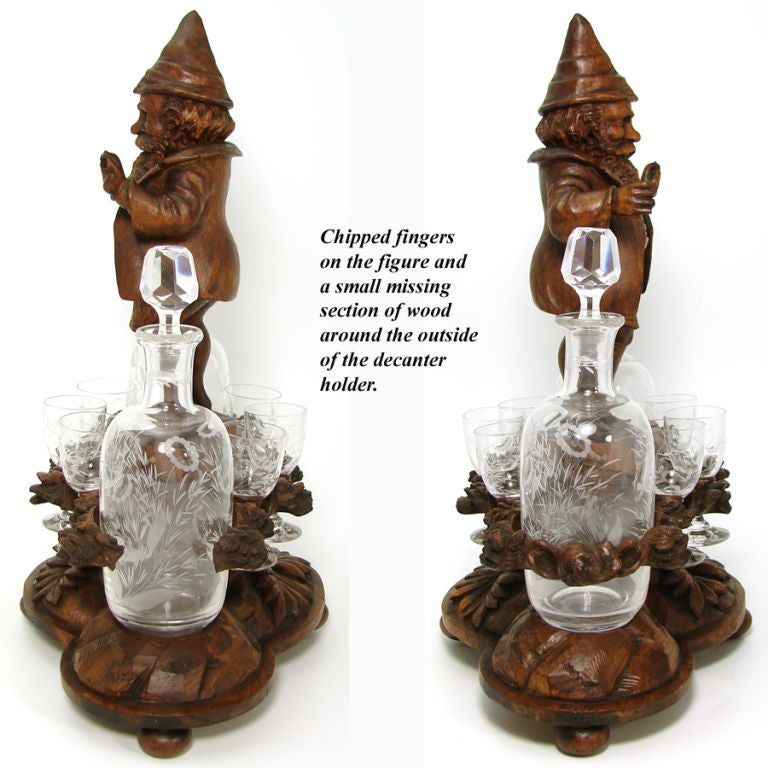 Antique Black Forest Carved Liquor Caddy with GNOME, 14.5