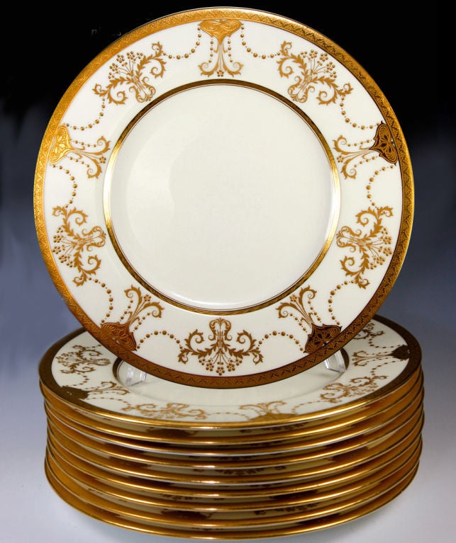 Stunning 1923 Set: 11 Raised & Encrusted Gold Plates, Minton 6
