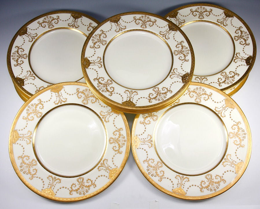 Stunning 1923 Set: 11 Raised & Encrusted Gold Plates, Minton 1