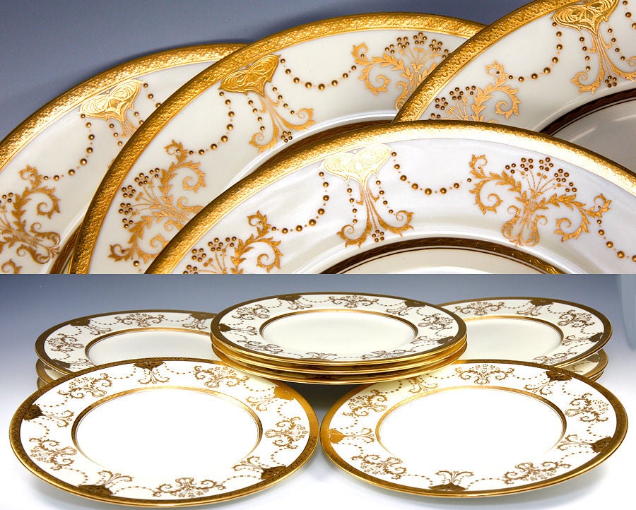 Stunning 1923 Set: 11 Raised & Encrusted Gold Plates, Minton 5