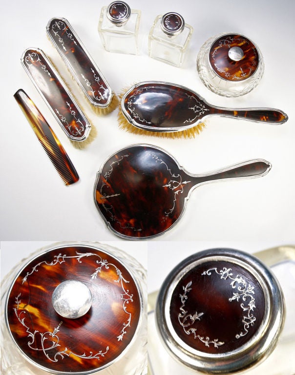 Extensive Tortoise Shell & Sterling Silver Vanity in Travel Case For Sale 2