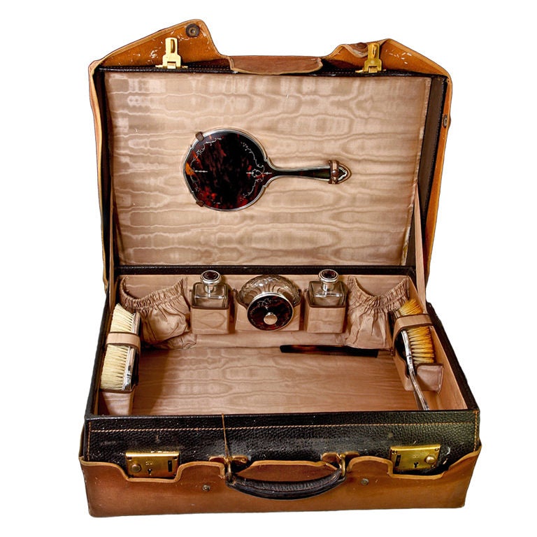 Extensive Tortoise Shell & Sterling Silver Vanity in Travel Case For Sale