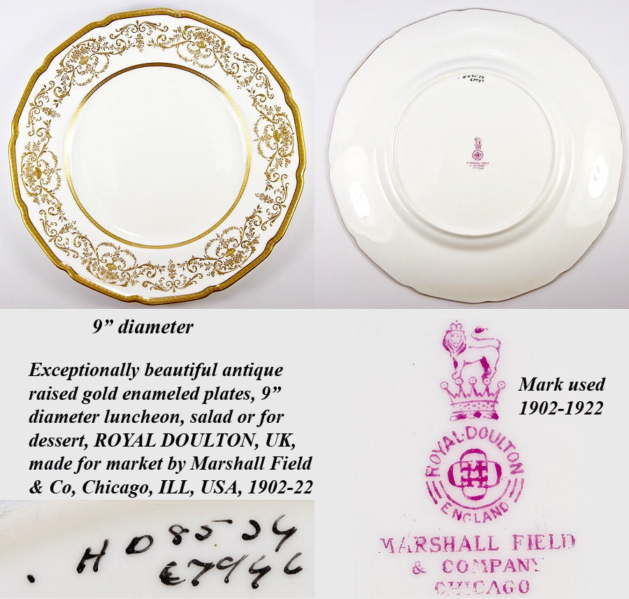 20th Century Antique Royal Doulton Raised Gold Enamel Plates, 6 in Set, 9