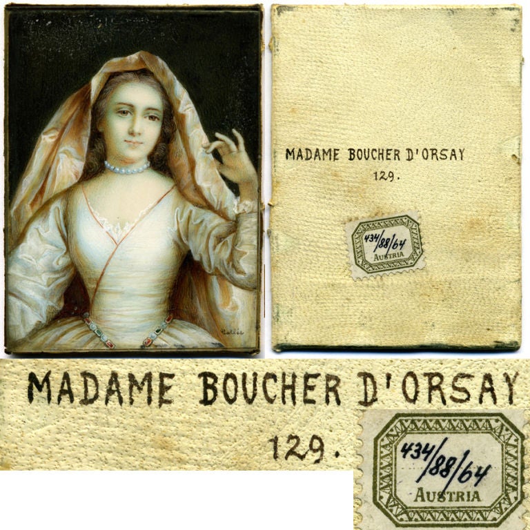 19th Century Antique Portrait Miniature, Dore Bronze Frame, Mme Boucher D'Ors