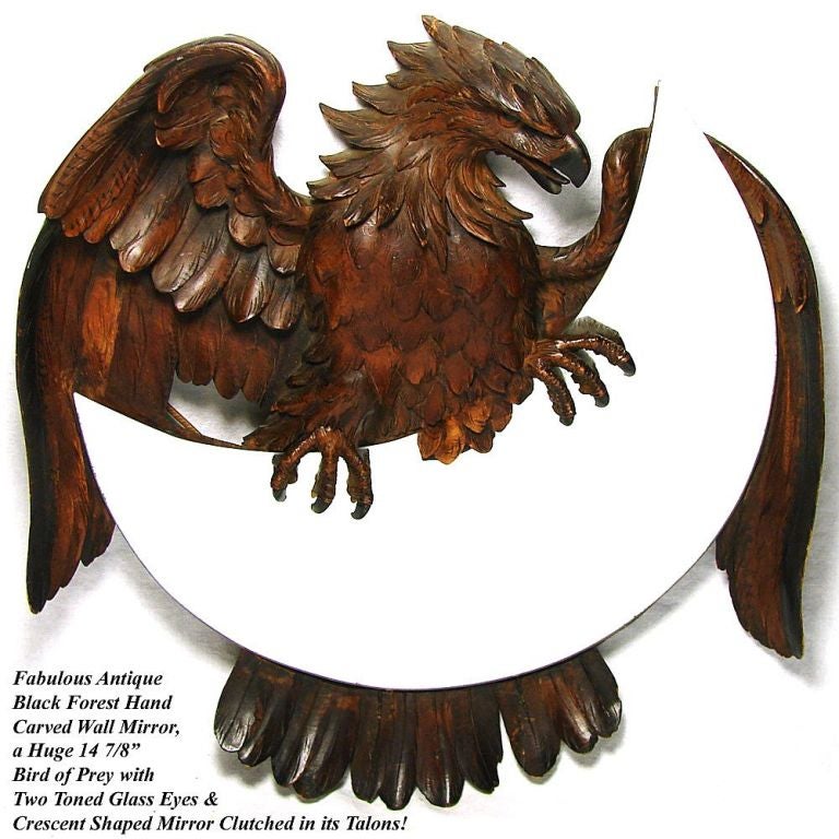 Antique Black Forest 15" Carved Falcon or Eagle Figure, Mirror