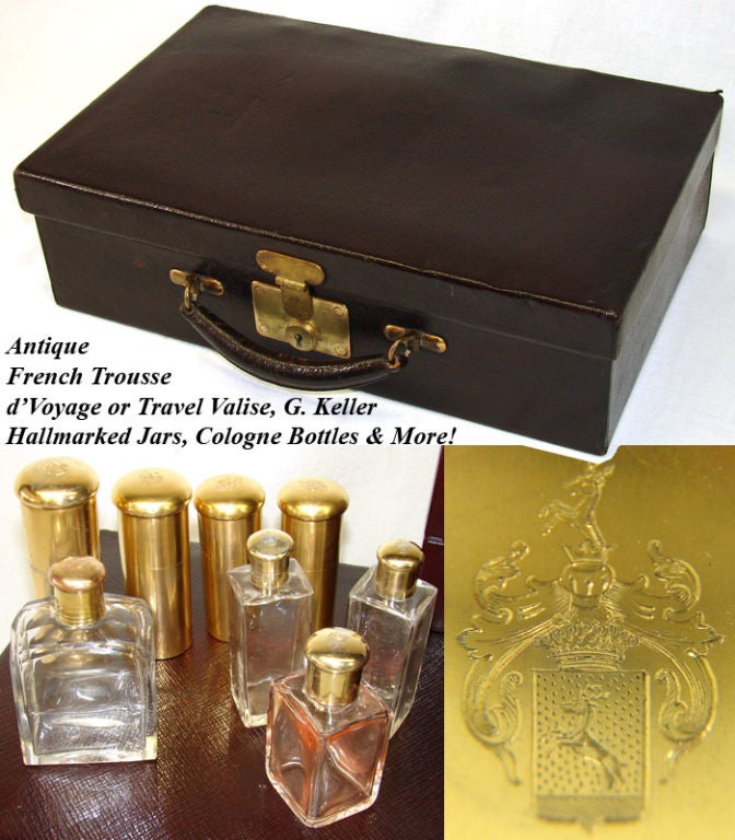 Royal armorial crest with requisite crown top - anyone identify this regal crest for us? Imagine the luxurious places this travel vanity valise has been! This cased travel vanity set marked with the prestigious name G. Keller, would have been the