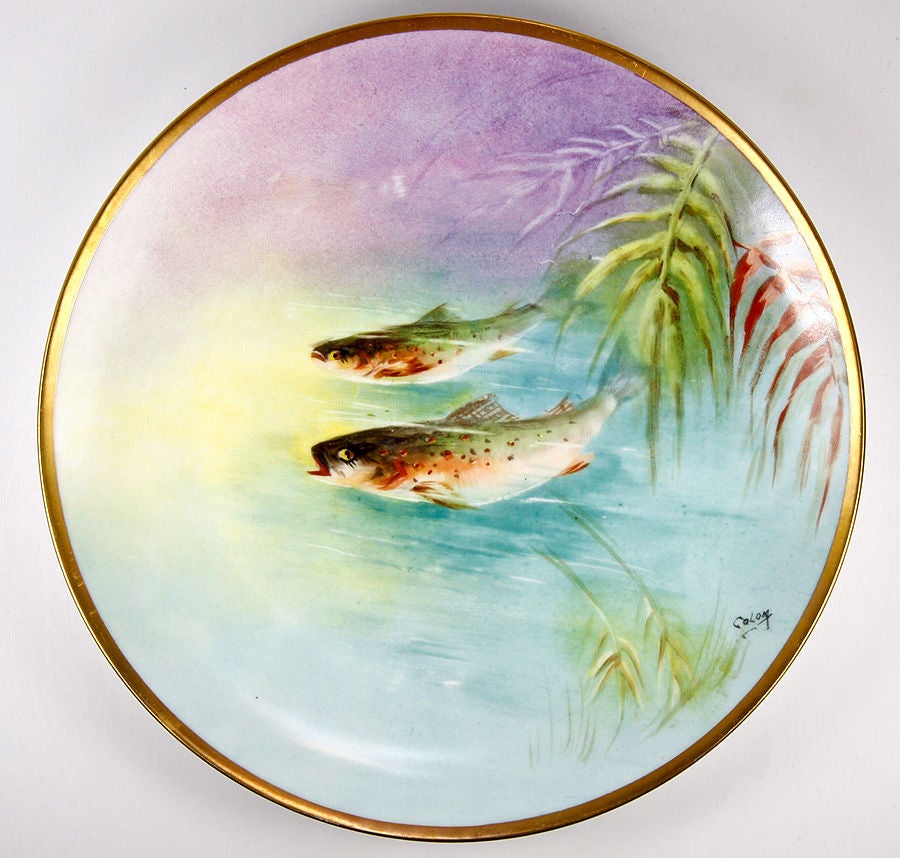 Hand-Painted Set of 6 Antique HP Ballery LIMOGES Fish Plates with Sauce Boat For Sale