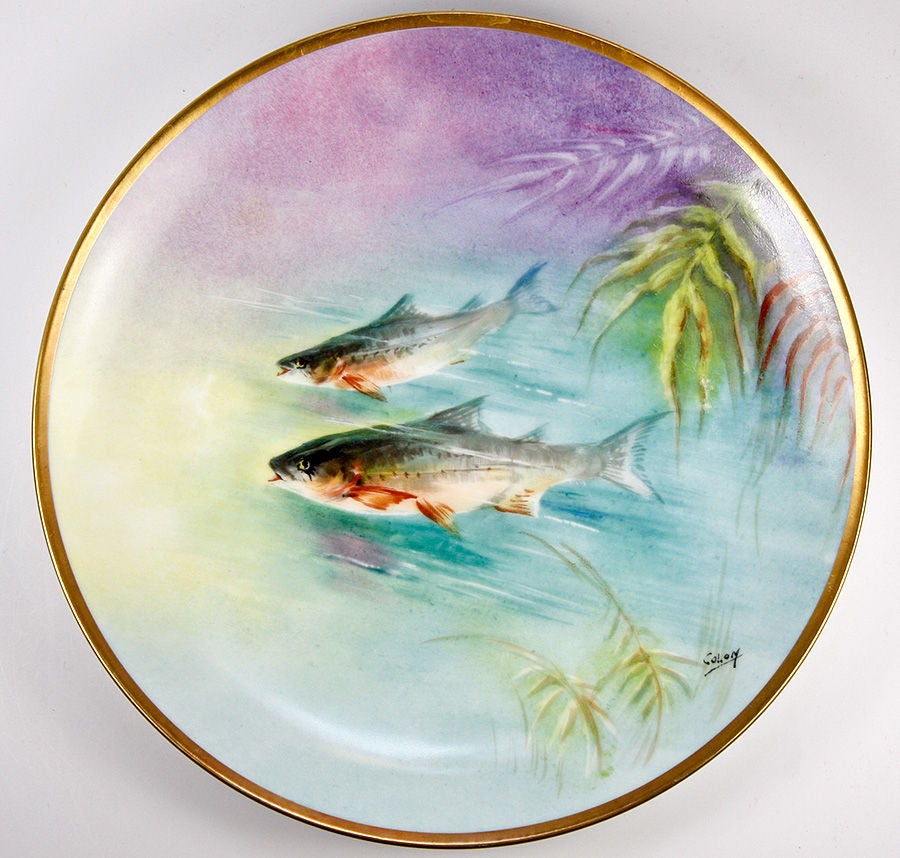 Set of 6 Antique HP Ballery LIMOGES Fish Plates with Sauce Boat For Sale 1