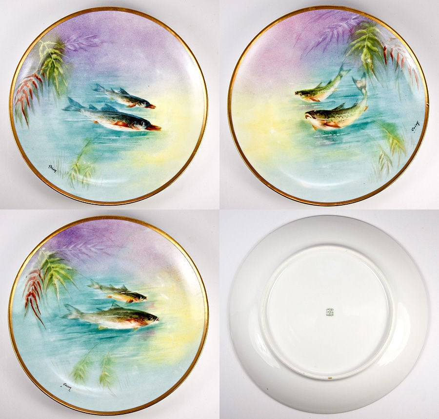 Set of 6 Antique HP Ballery LIMOGES Fish Plates with Sauce Boat For Sale 2