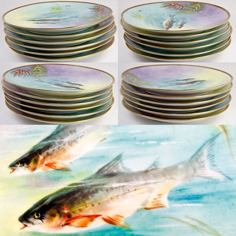 Set of 6 Antique HP Ballery LIMOGES Fish Plates with Sauce Boat For Sale 3