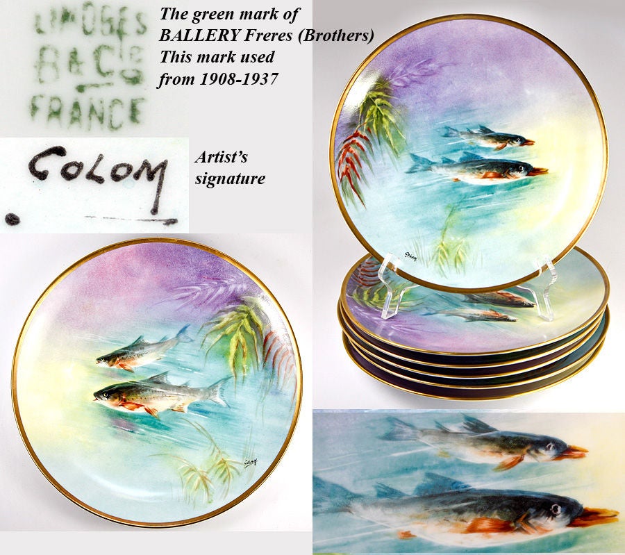 Set of 6 Antique HP Ballery LIMOGES Fish Plates with Sauce Boat For Sale 5