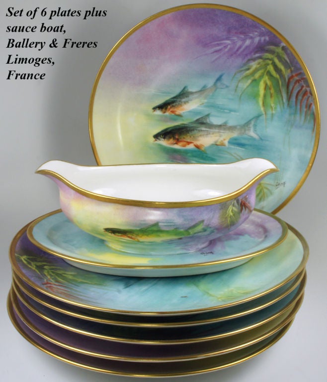 French Set of 6 Antique HP Ballery LIMOGES Fish Plates with Sauce Boat For Sale
