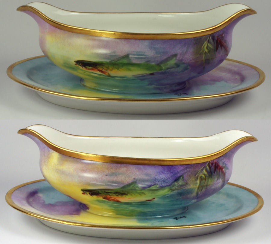 Set of 6 Antique HP Ballery LIMOGES Fish Plates with Sauce Boat For Sale 4