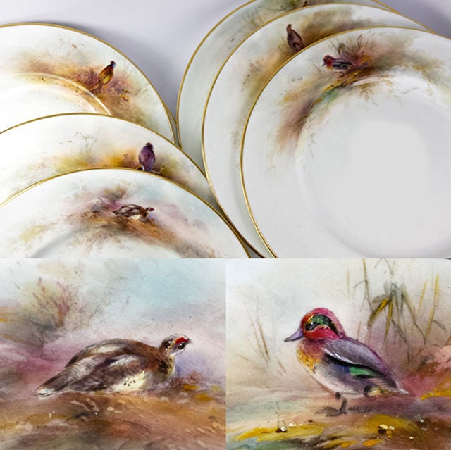 A stunning set of 8 masterpieces in painting, this set of 8 dinner plates will fascinate you with the exquisite detail in each of the 8 miniature paintings of game birds found there. Each painting is signed by the artist, and each plate is it's own