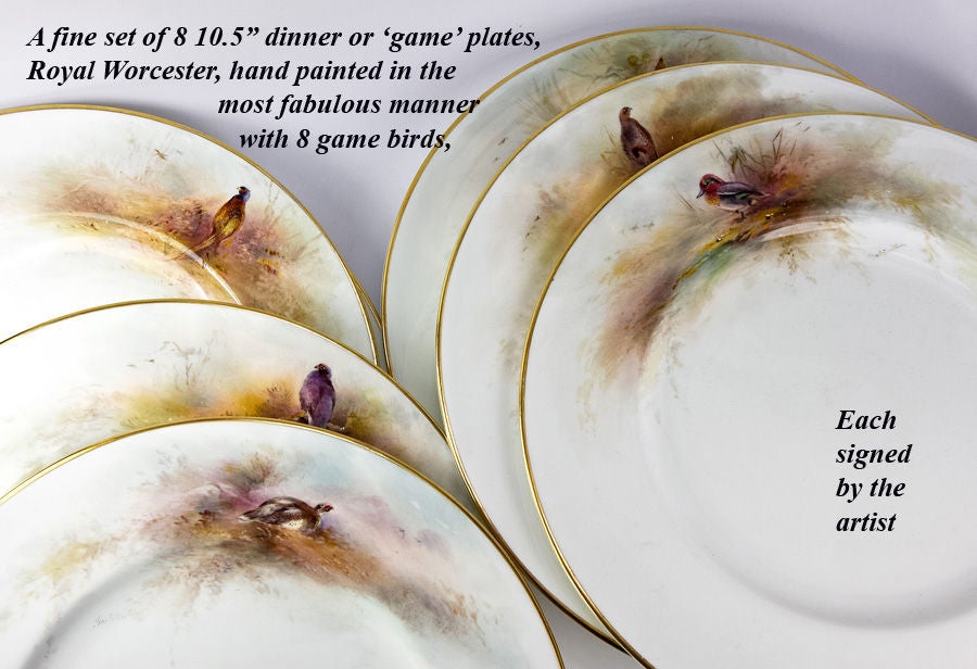 English 8 Fine Vintage Royal Worcester Hand Painted Game Plates, 10.5