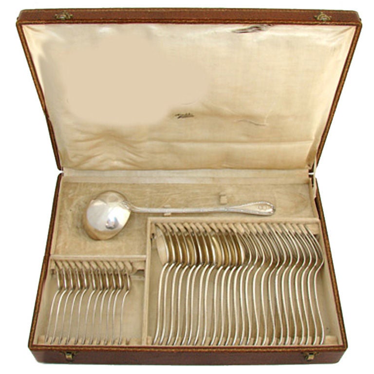 Vintage French 36pc Flatware Set, Dinner Size, Soup Ladle & Box For Sale