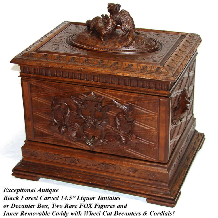 Antique Black Forest 15" Liquor Tantalus, Bar, Two Fox Figures